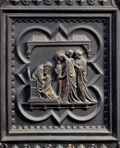 Sacharja schreibt den Namen des Jungen, fünftes Panel der Südtüren des Baptisteriums von San Giovanni, 1336 von Andrea Pisano